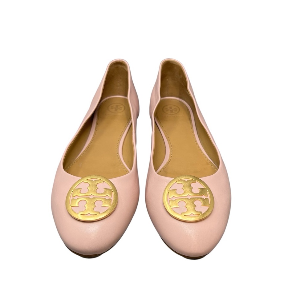 Tory Burch Benton Ballet Flats Size 12 Sea Shell Pink Leather Gold Logo Emblem - Picture 3 of 11